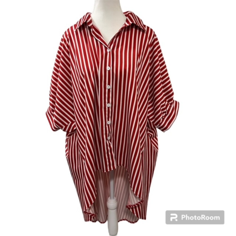 CBR Womens XL Red White Stripe Oversized High Low Button Front Tunic Shirt